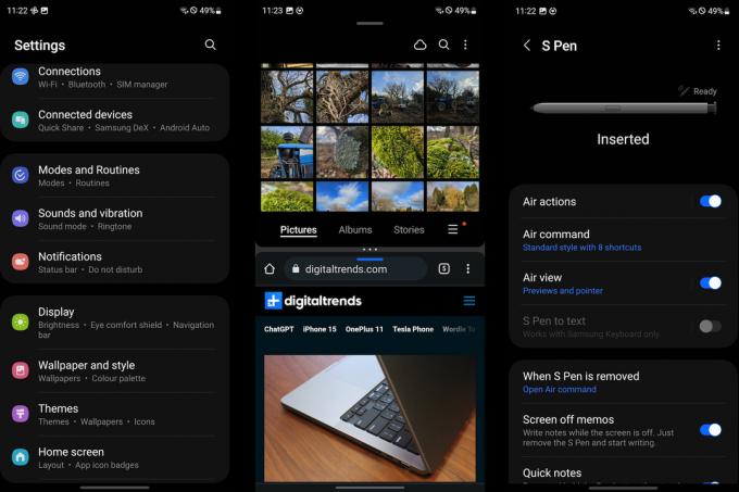 لقطات شاشة مأخوذة من Galaxy S23 Ultra تعرض وظائف وميزات برمجية متنوعة.