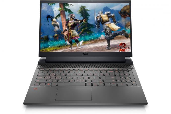 „Dell 15 Gaming Laptop“ priekinis vaizdas, kuriame rodomas ekranas ir klaviatūros blokas.