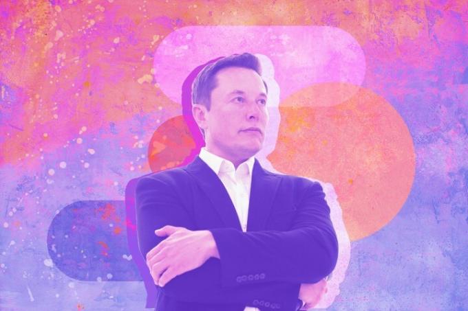 „Tesla“ ir „SpaceX“ generalinis direktorius Elonas Muskas stilizuotame fone.