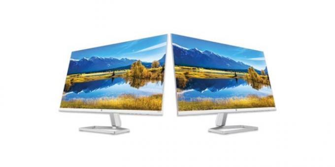 Twee HP 27 inch monitoren naast elkaar in een bundel.