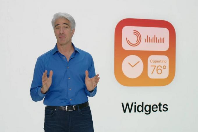 Apples Craig Federighi introducerer widgets i macOS Sonoma på 2023 Worldwide Developers Conference.