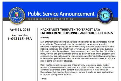 f b i memperingatkan polisi untuk berhati-hati di media sosial menyusul kekerasan di baltimore, ancaman fbi psa