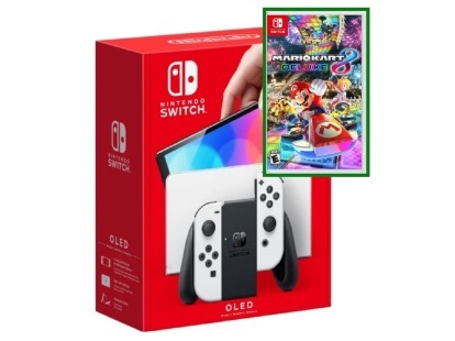 O Nintendo Switch OLED com uma cópia de Mario Kart 8 Deluxe.