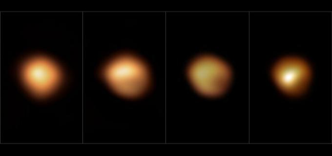 Queste immagini, scattate con lo strumento SPHERE sul Very Large Telescope dell'ESO, mostrano la superficie del la stella supergigante rossa Betelgeuse durante il suo oscuramento senza precedenti, avvenuto tra la fine e l’inizio del 2019 2020. L'immagine all'estrema sinistra, scattata a gennaio 2019, mostra la stella nella sua normale luminosità, mentre le restanti immagini, di dicembre 2019, gennaio 2020 e marzo 2020, sono state tutte scattate quando la luminosità della stella era notevolmente diminuita, soprattutto nella sua parte meridionale. regione. La luminosità è tornata alla normalità nell'aprile 2020.