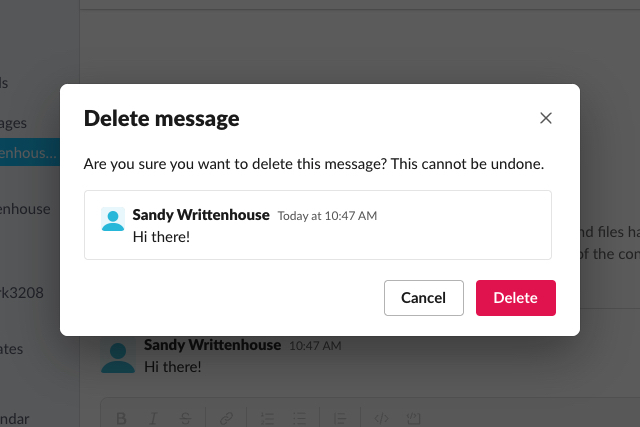 Izbrišite potrditev sporočila v namizni aplikaciji Slack.