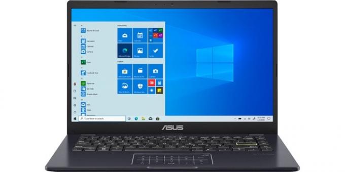 Asus 14-inch laptop op een witte achtergrond terwijl het bureaubladscherm wordt weergegeven.