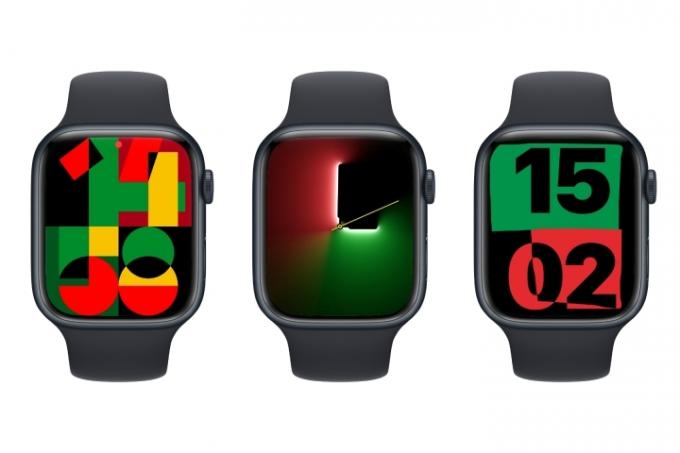 Három Apple Watchon a Unity Mosaic, a Unity Lights és a Unity arcok láthatók. 