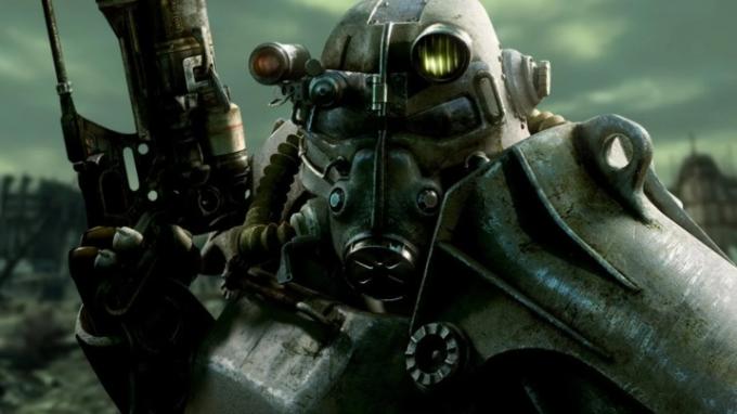 Arte principal de Fallout 3 apresentando o protagonista usando a icônica armadura poderosa.
