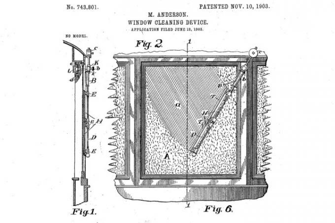Ilustrace Mary Anderson jejího patentovaného „zařízení na čištění oken“ z roku 1903. 