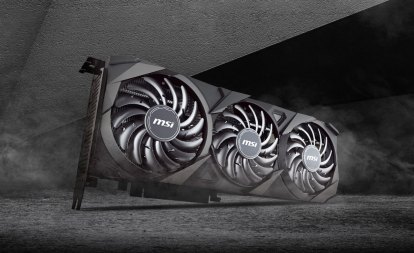 MSI GeForce RTX 3060 Ti grafiskā karte uz pelēka fona.