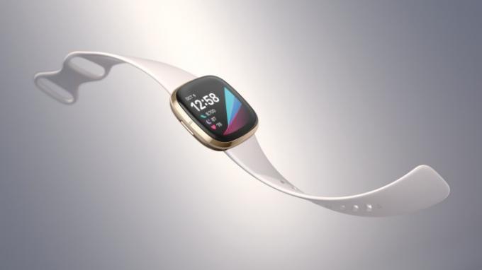 Der Fitbit Sense in einem Marketing-Render, wo er in der Luft schwebt.