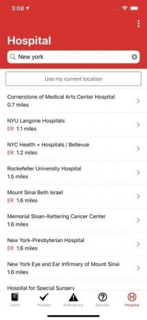 Screenshot van de EHBO-app met de lijst met ziekenhuizen in de buurt