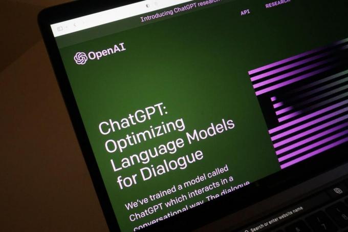 En bärbar datorskärm visar startsidan för ChatGPT, OpenAI: s artificiell intelligens chatbot.