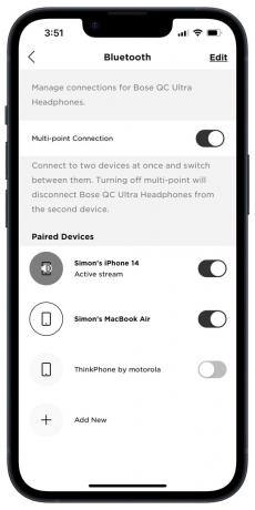 iOS의 Bose Music 앱: 연결된 장치 화면.