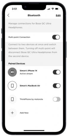 Bose Music-app på iOS: Skærm med tilsluttede enheder.