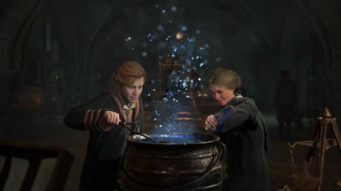 Due studenti si chinano su un calderone in Hogwarts Legacy.