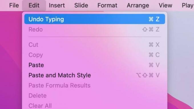 Editar, desfazer digitação na barra de menu do Mac.