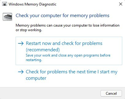 Opções de diagnóstico de memória do Windows.