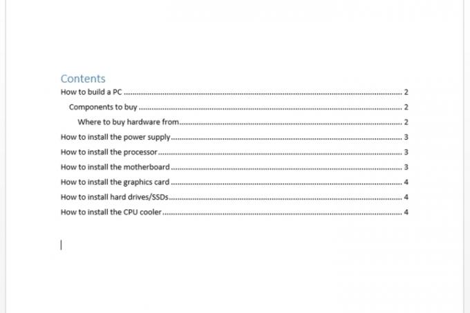 สารบัญใน Microsoft Word ที่สร้างผ่านเทมเพลตอัตโนมัติที่มีอยู่