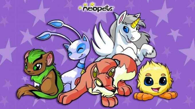 Λογότυπο Neopets και πολλά κατοικίδια.