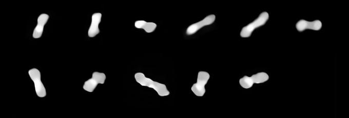 Elva bilder av asteroiden Kleopatra, sedd i olika vinklar när den roterar.
