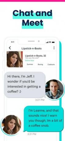 A imagem mostra uma captura de tela do aplicativo Plenty of Fish para iOS, com uma conversa entre duas pessoas e uma mensagem de texto dizendo conversar e conhecer