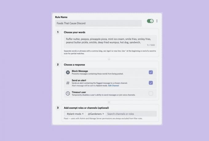 Discord AutoMod-productscreenshot laat zien hoe u een regel voor ongewenste woorden kunt maken. Screenshot is op een lavendelachtergrond.