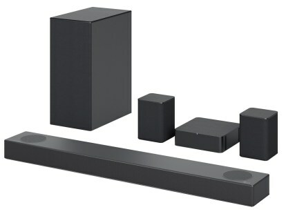 La barra de sonido LG S75QR de 5.1.2 canales con un subwoofer inalámbrico sobre un fondo blanco.