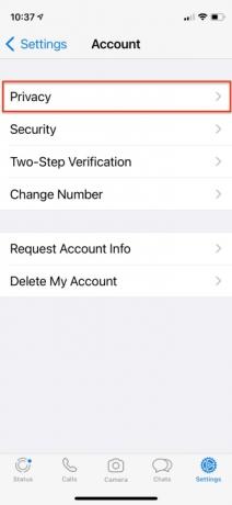 Možnost zasebnosti menija z nastavitvami v aplikaciji WhatsApp v sistemu iOS.