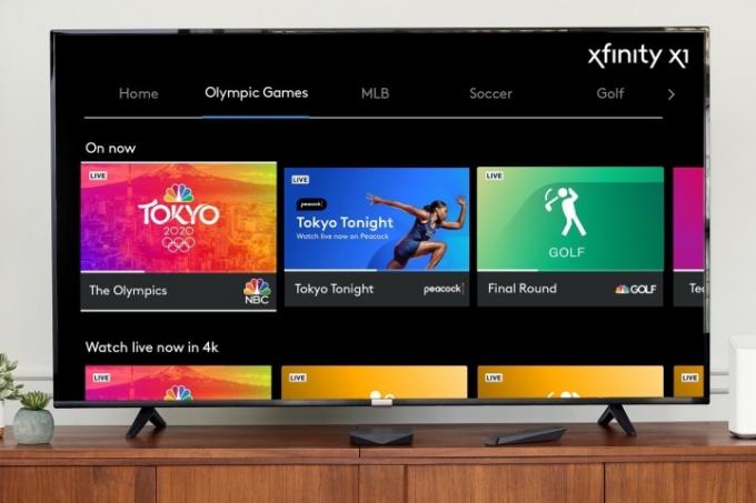 Ein Fernseher, der die Comcast Xfinity X1-Schnittstelle für die Spiele 2020 in Tokio zeigt.