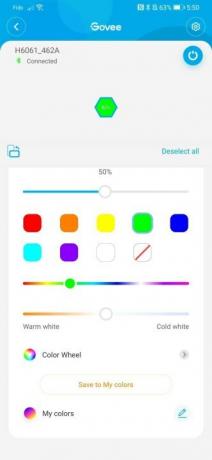 Skærmbillede af Govee-appen til at skifte farve på en lys flise.
