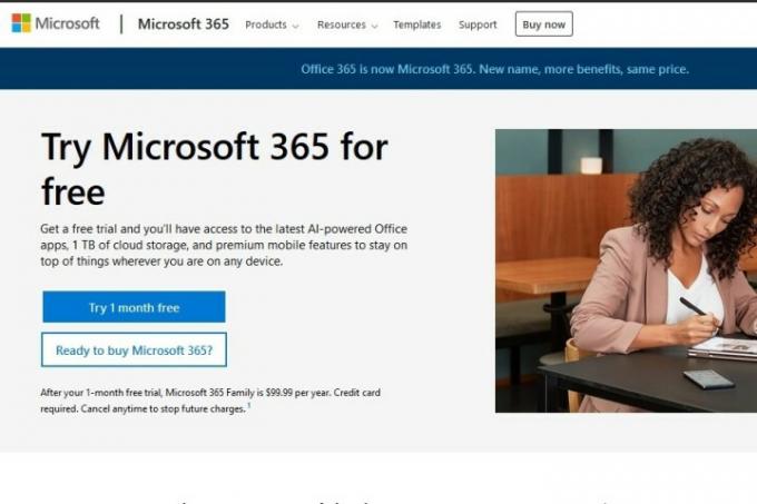 Captura de tela da avaliação gratuita do Microsoft 365