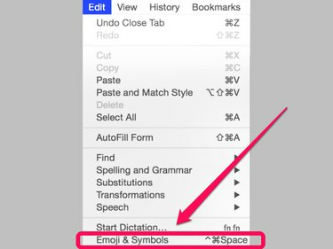 O item de menu Emoji e símbolos está na parte inferior do menu Editar do Safari.