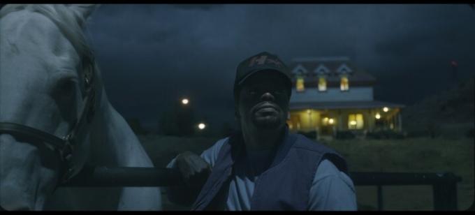 Une image de Daniel Kaluuya regardant le ciel la nuit depuis Nope.