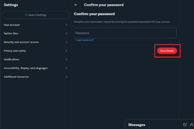 Экран подтверждения пароля Twitter с красной кнопкой «Деактивировать».