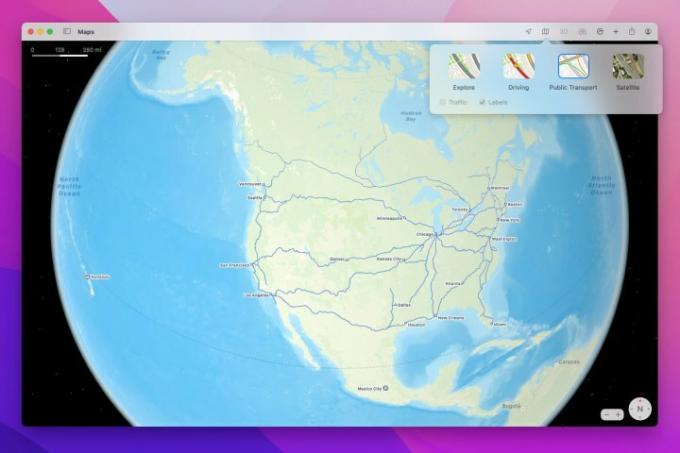 Az Apple Maps közlekedési nézete MacOS Monterey rendszeren fut.