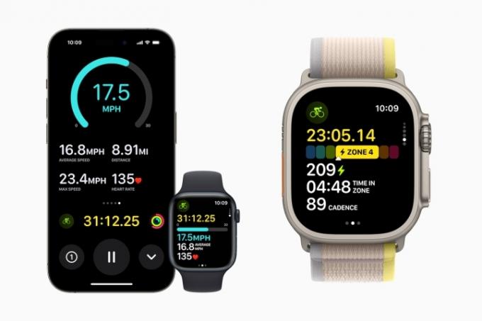 Cuplikan layar menampilkan data dan mode Bersepeda baru di WatchOS 10.