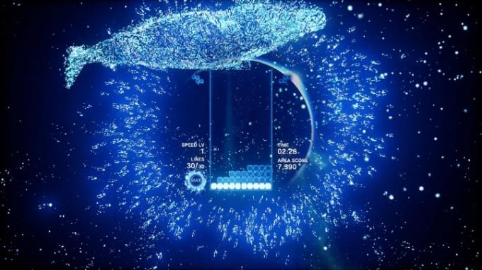 Uno schermo Tetris stravagante in Tetris Effect.