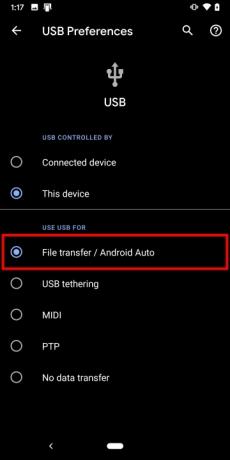 Android Selectați Transfer de fișiere prin USB