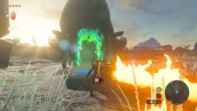 Link menembakkan api dari perisainya di The Legend of Zelda: Tears of the Kingdom.