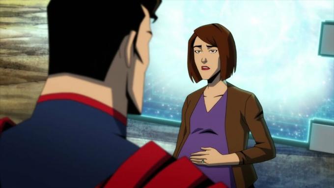 Een zwangere Lois Lane tegenover Superman in de animatiefilm Injustice.