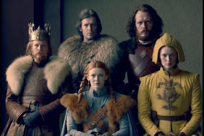 En familj sitter tillsammans i Wes Andersons Game of Thrones.