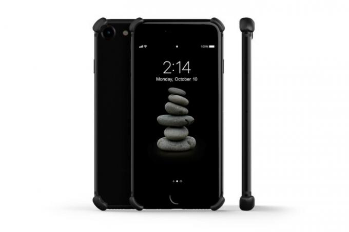 התמונה מציגה את התצוגה הקדמית, האחורית והצדדית של אייפון 7 עם פגושי הגנה פינתיים מגומי שחורים