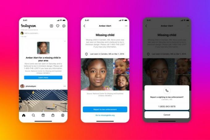 Tiga tangkapan layar aplikasi seluler Instagram yang menampilkan fitur AMBER Alerts baru dari Instagram.