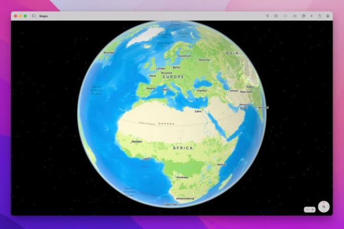 Az Apple Maps földgömbnézete, amely Európát, Nyugat-Ázsiát és Afrikát mutatja a MacOS Monterey rendszeren.