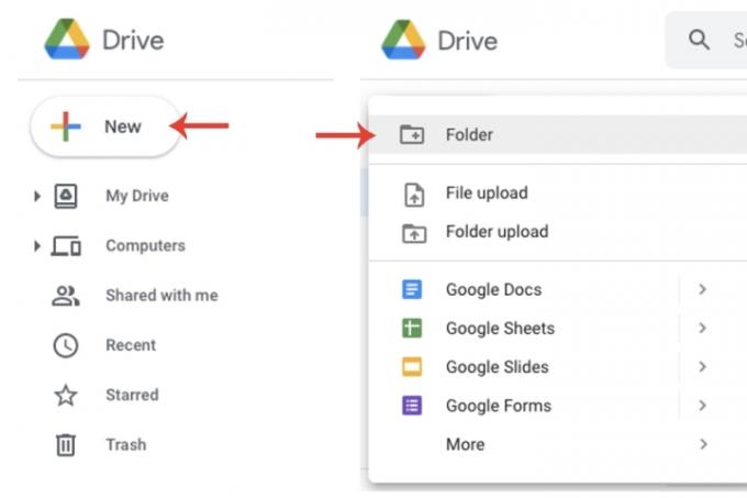 ปุ่มใหม่ใน Google Drive ซึ่งเป็นที่ที่คุณสามารถสร้างโฟลเดอร์ใหม่ได้