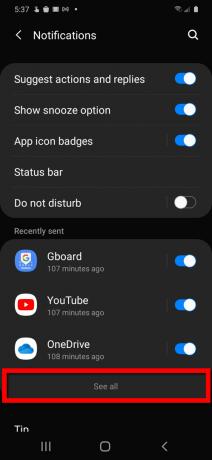 Notificações do Samsung Android 10 Ver todos
