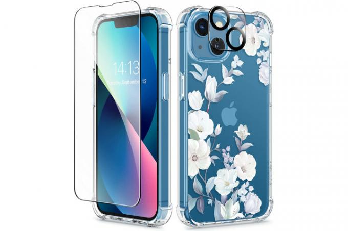 Gviewin Clear Floral Case באייפון 13 עם עיצוב פרחוני לבן וירוק..