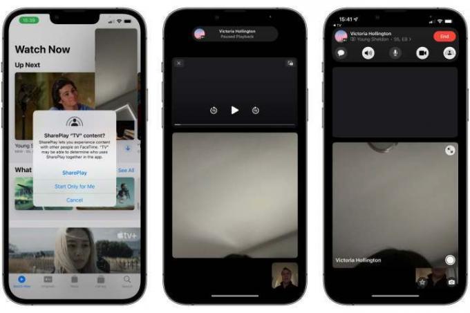 iPhone で SharePlay を設定して使用する方法を示す 3 つの画面。