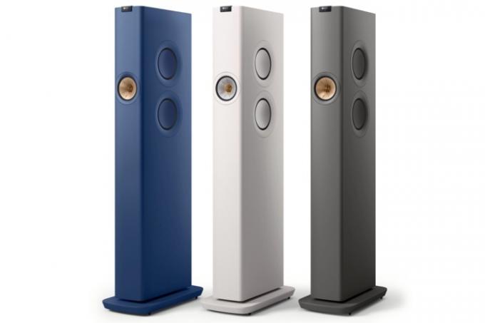 KEF LS60 Draadloze Speakers gezien in drie kleuren.